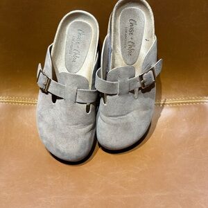 Chase + Chloe Taupe Suede Buckle Slides